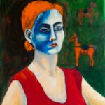 Autoportret z konikami, olej na papierze piwnym, 100x70 cm, 2018