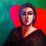 Autoportret w czerwonym fotelu - z cyklu Drzewo Genealogiczne, olej na płótnie, 40x40 cm, 2024